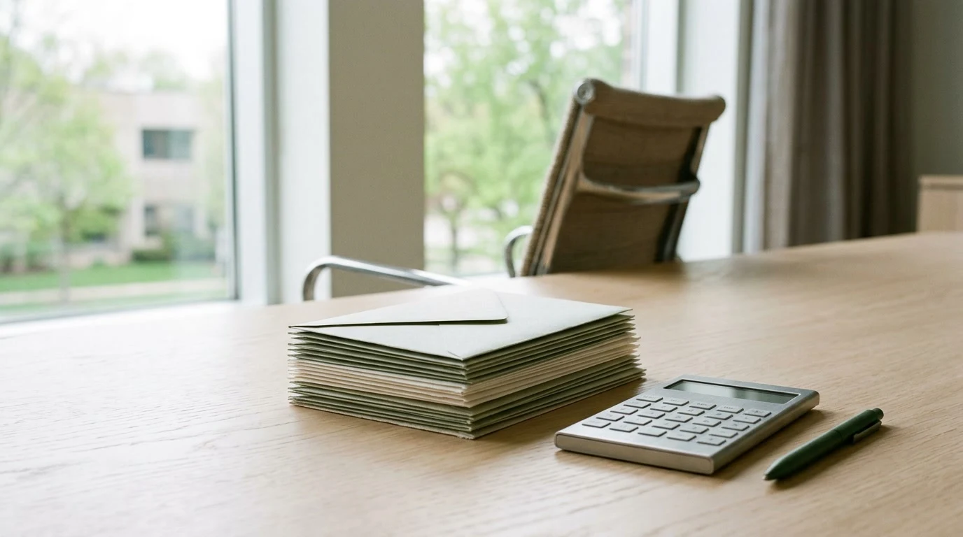 Stacked envelopes and calculator on boardroom table
