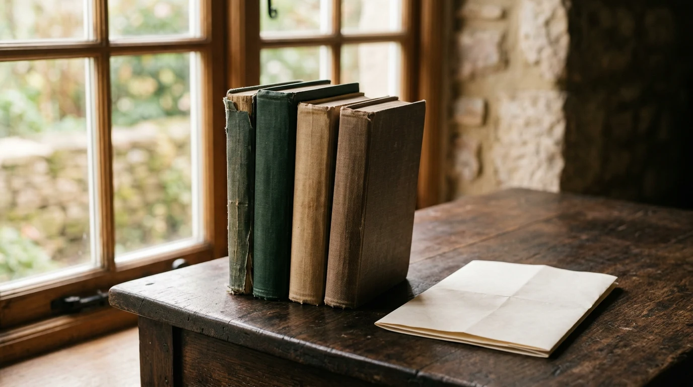 Three plain hardcovers on a desk beside a paper ballot