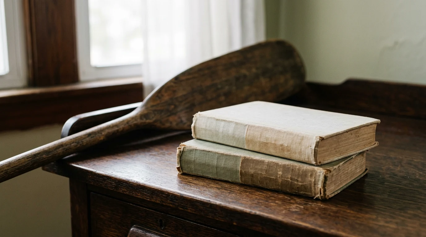 Two hardcovers and a river-worn paddle on a desk