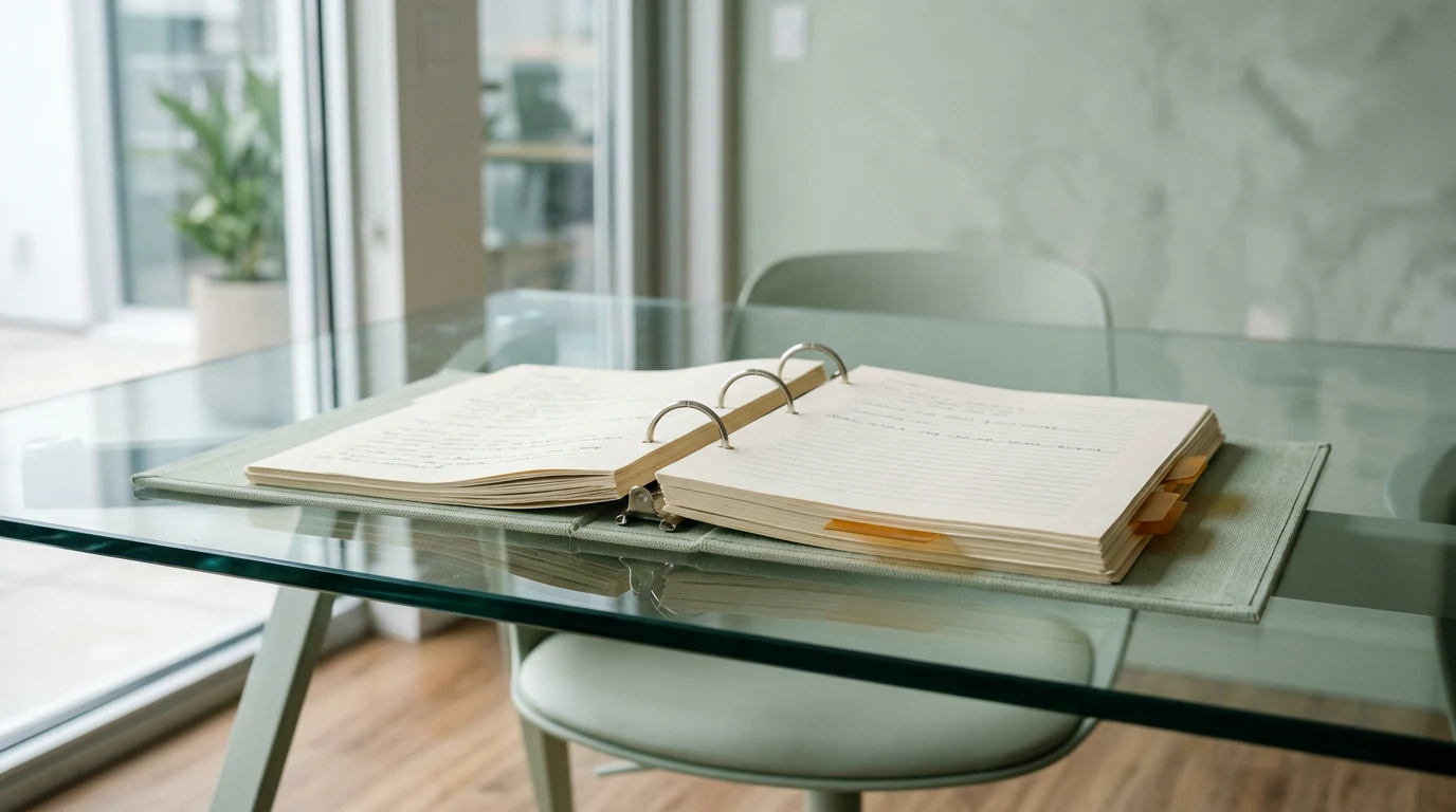 Public filing binder on a glass office table