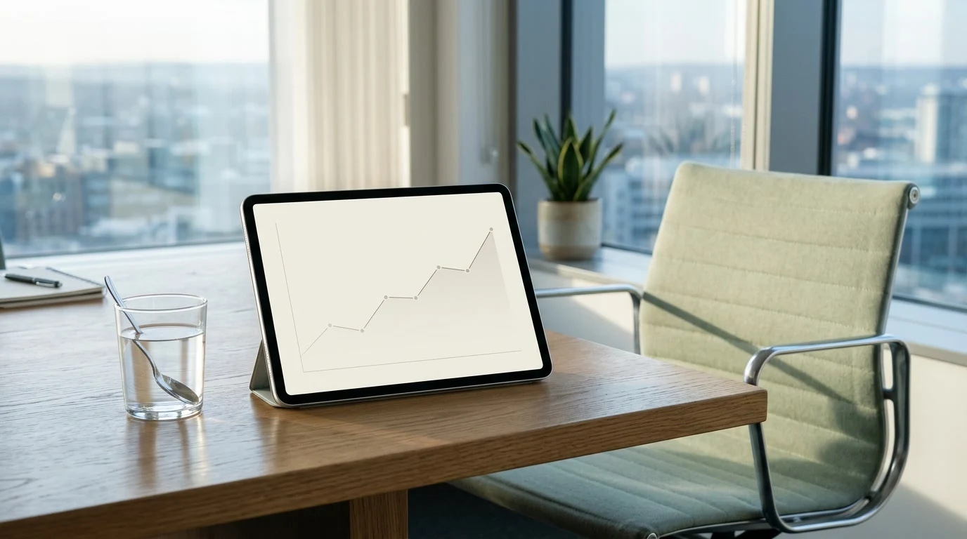 Financial charts on tablet beside empty boardroom chair