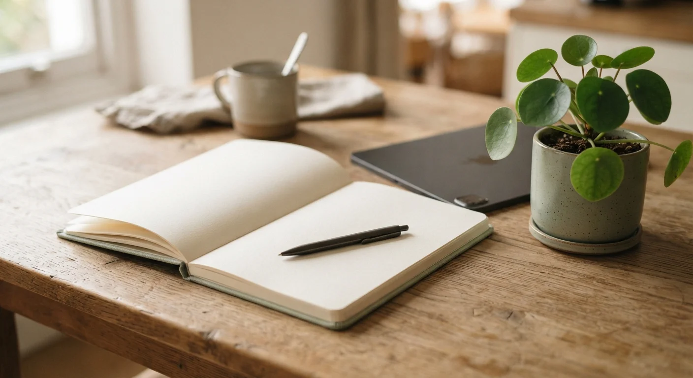 Blank notebook with a pen and a tablet on a kitchen table in soft light