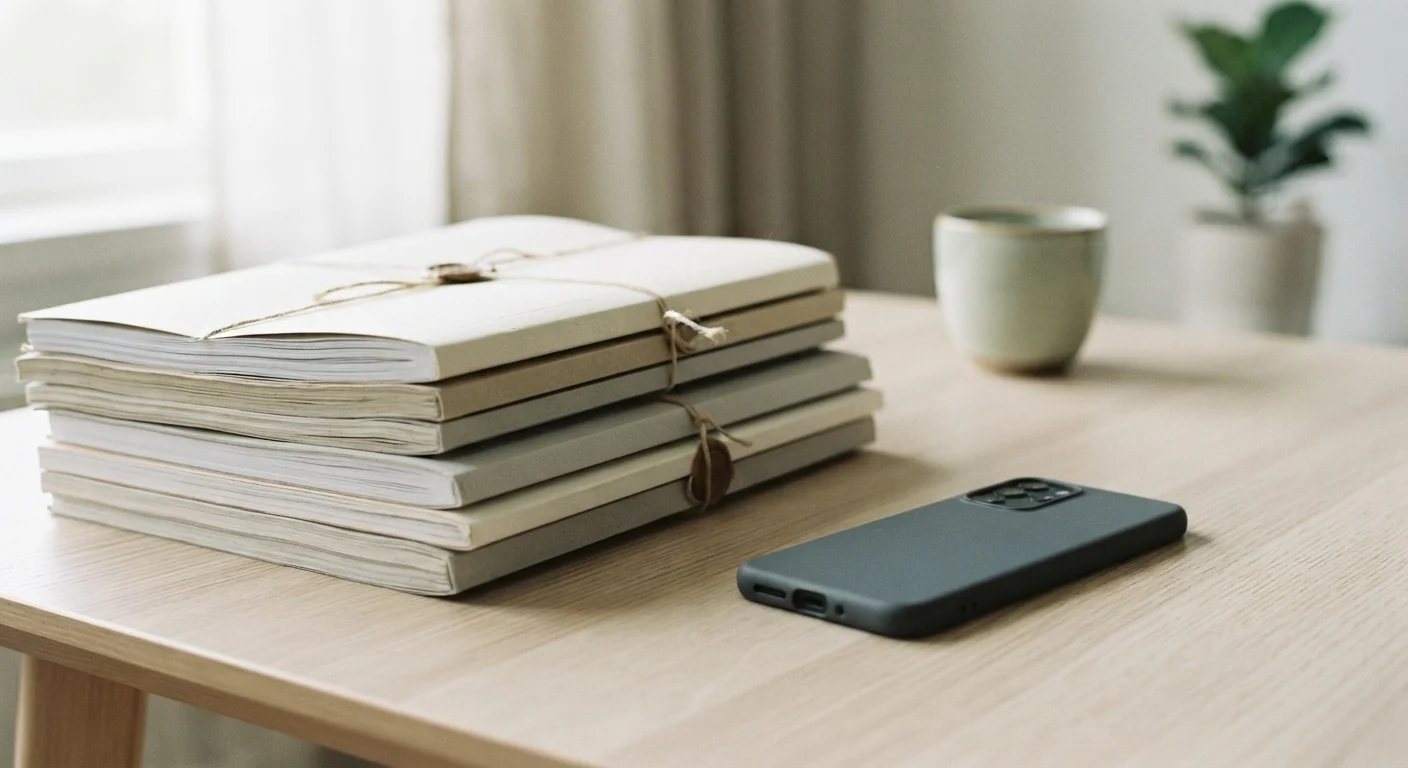 Bound decision documents stacked beside a closed smartphone