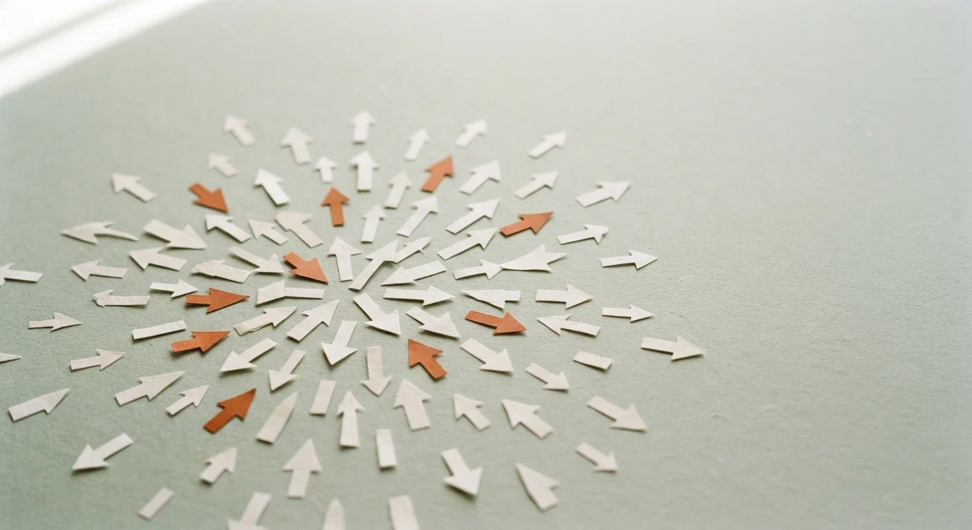 Paper arrows scattered outward from a single point