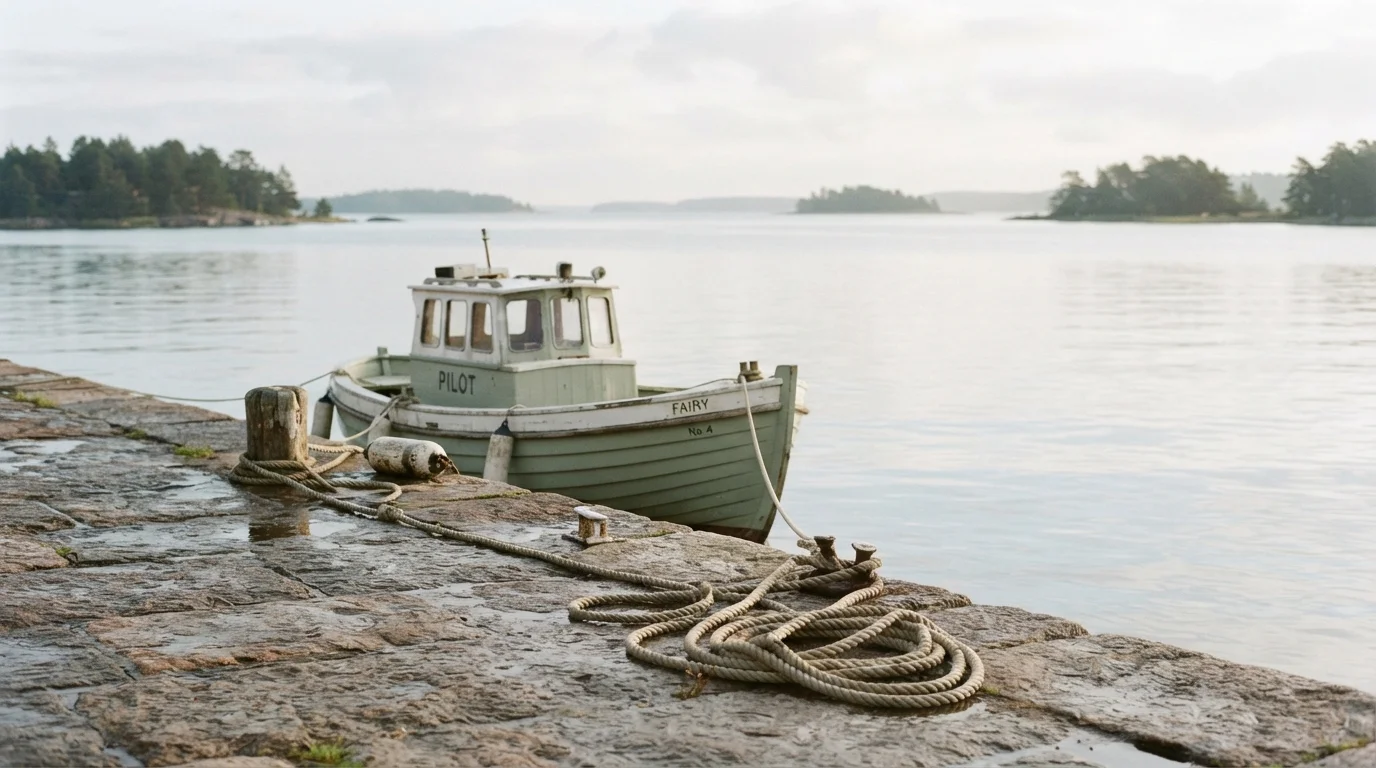 Northern harbor with stone quay and pilot boat in pale morning light