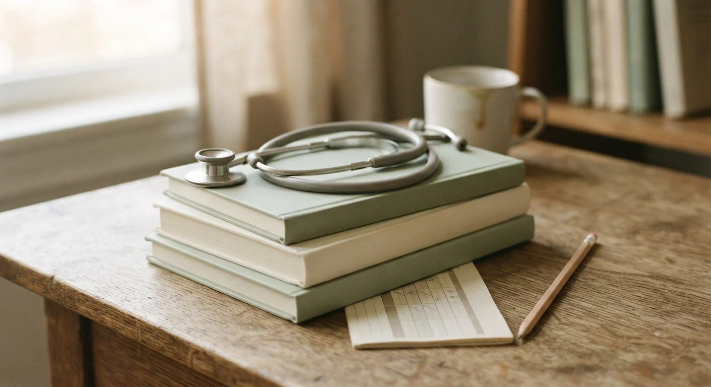 Stethoscope and nursing textbooks stacked on a desk