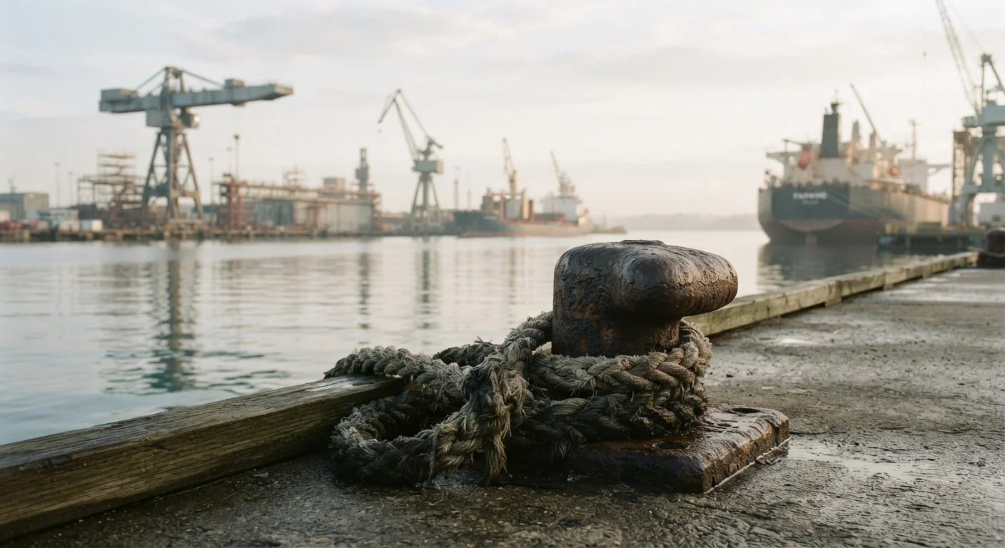 Gantry cranes and shipyard bollards in gray morning light