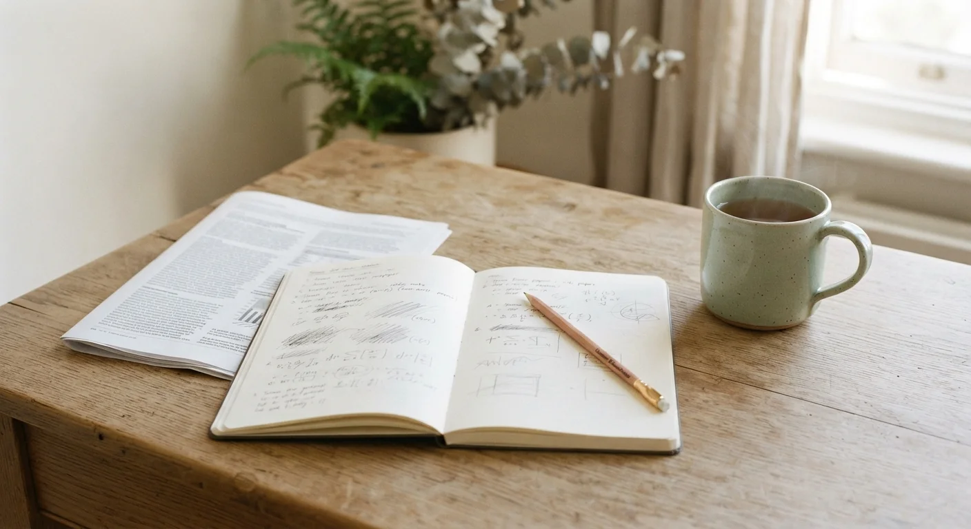 Notebook and printed drafts on plain desk in morning light