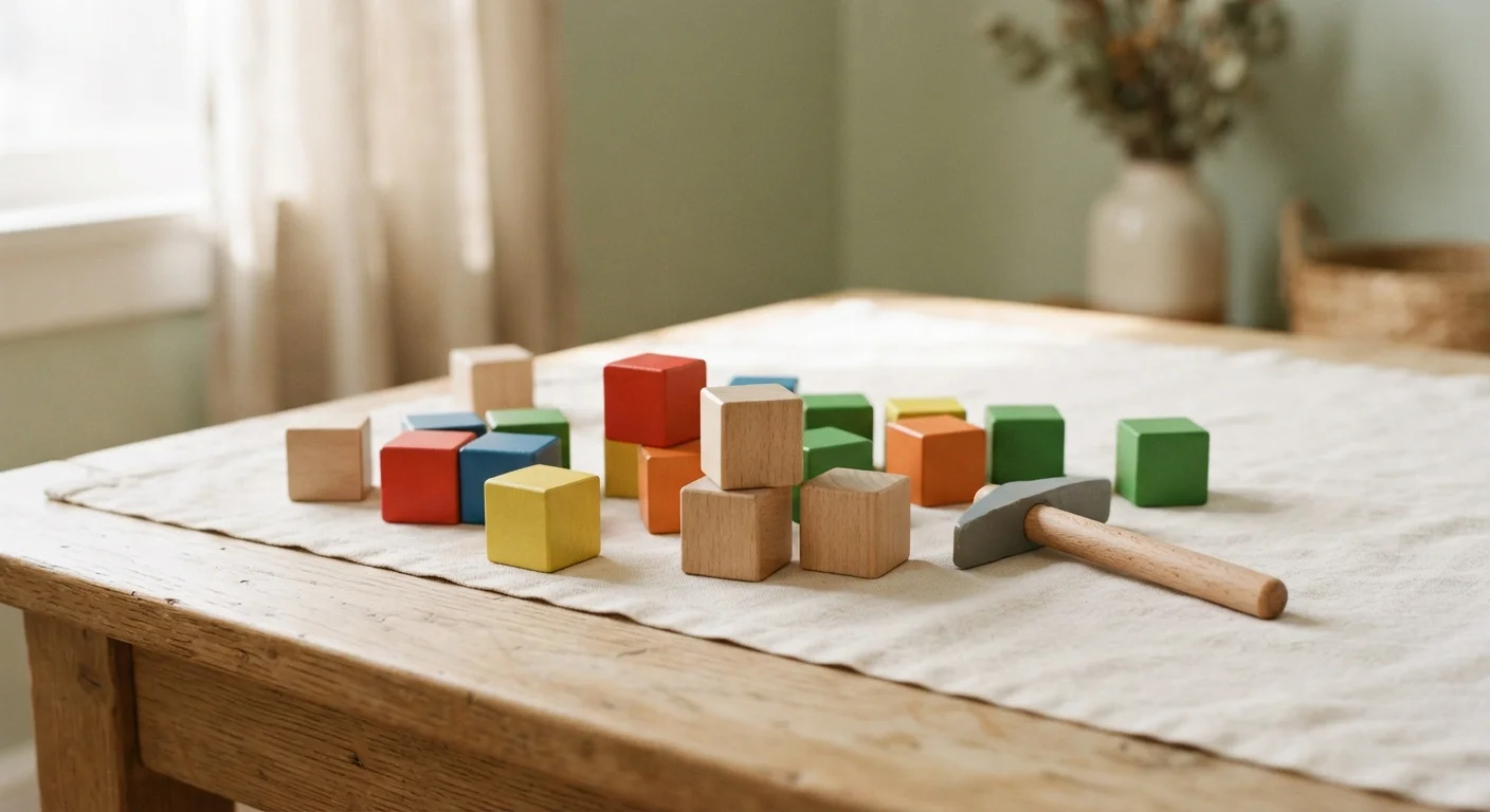 Bright building blocks and small tools on a table