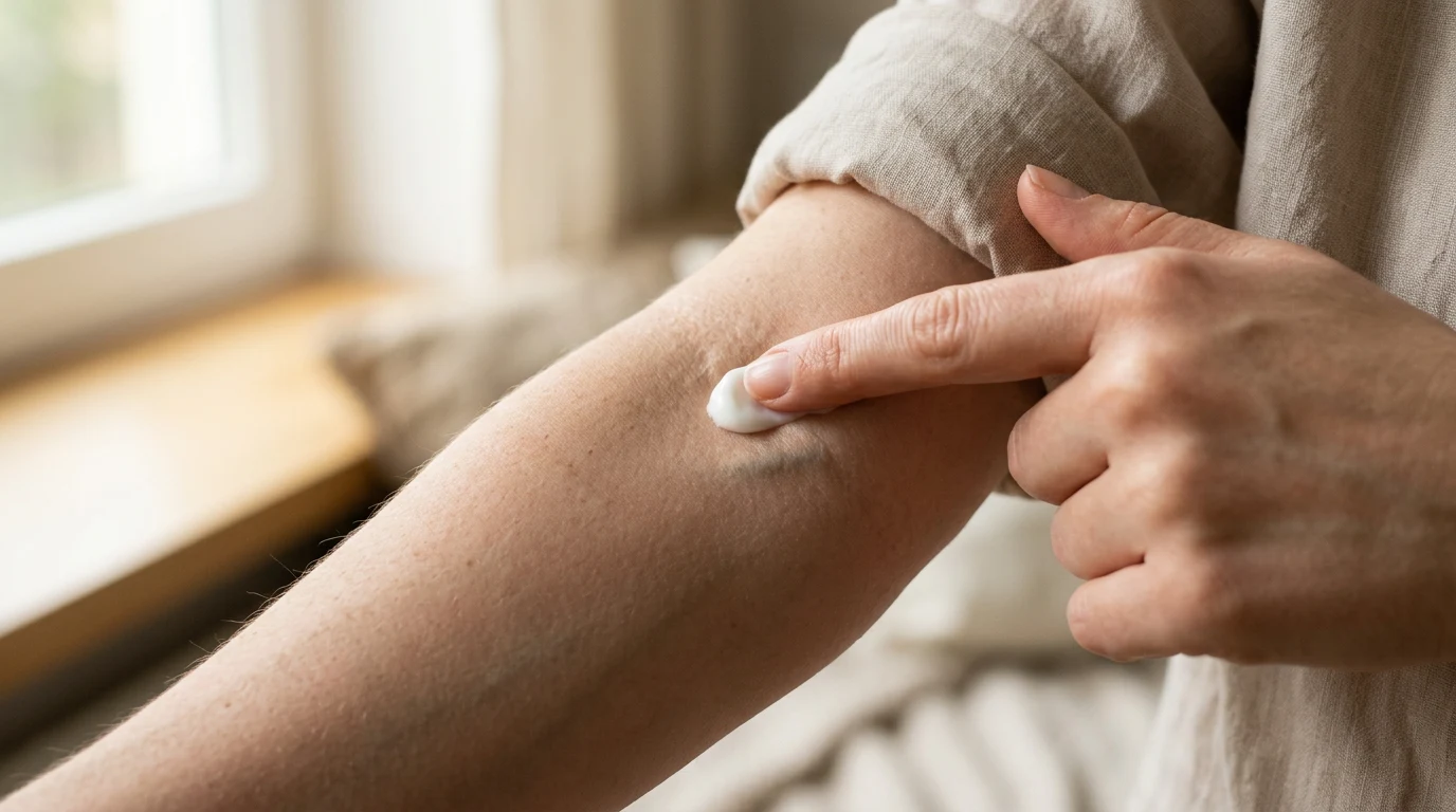 A fingertip applying a small dab of product to the inner-elbow crease, rendered in Beautyise's clean, instructional, beginner-friendly visual style.