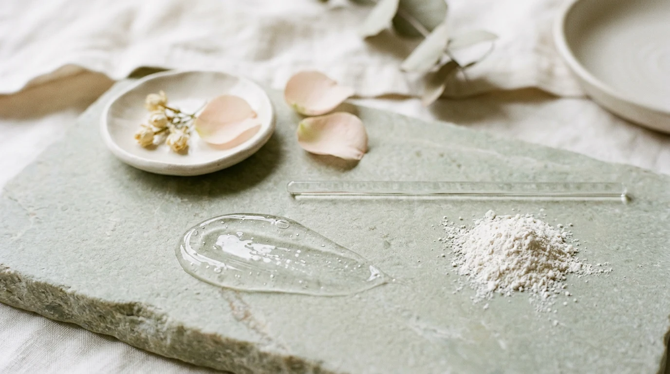Clear serum swatched beside white powder on stone