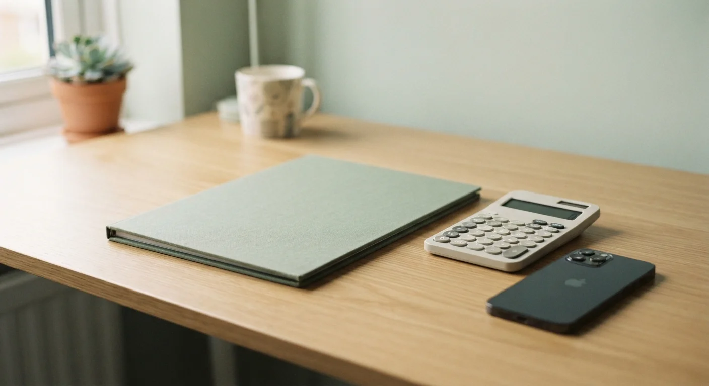 Folder and calculator on desk beside blank phone screen