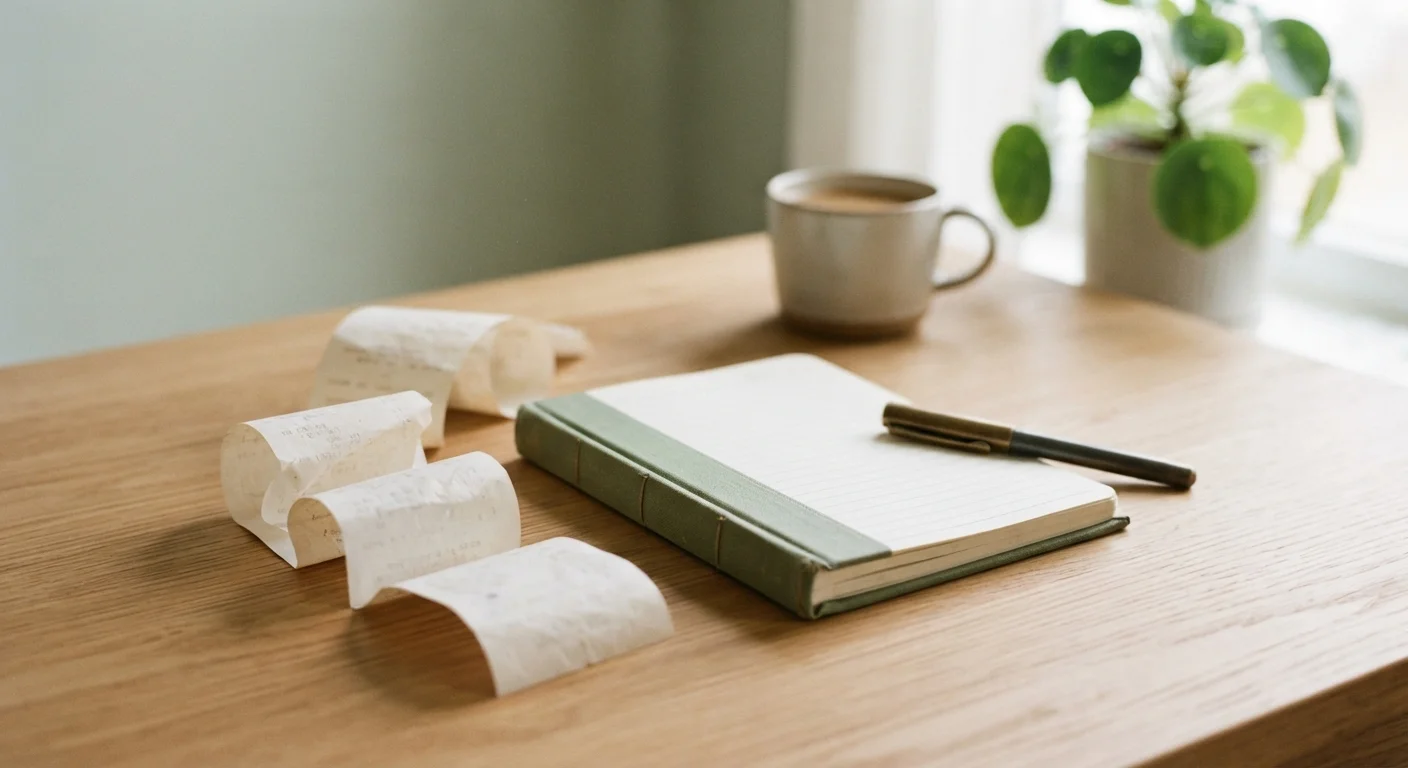 Weekly grocery receipt and household budget ledger on a kitchen table