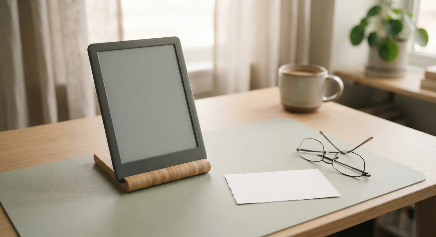 Unbranded e-ink tablet beside a plain checklist card and a pair of folding reading glasses