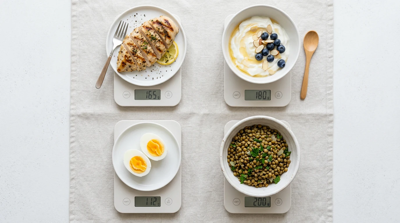Measured food-scale portions of protein-rich foods (chicken, eggs, Greek yogurt, legumes) arranged beside a minimalist bar chart showing gram-per-kilogram thresholds.