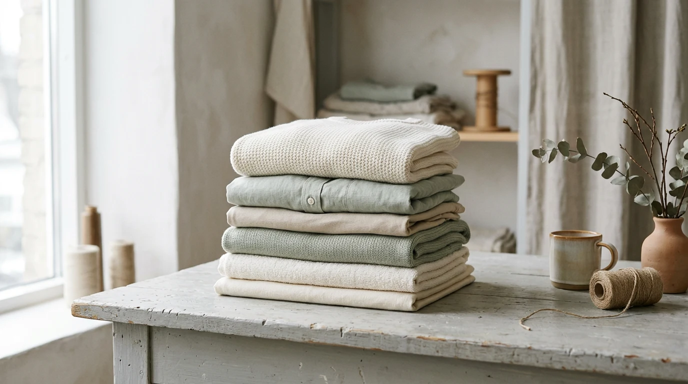 Neatly folded stack of garments under workshop light