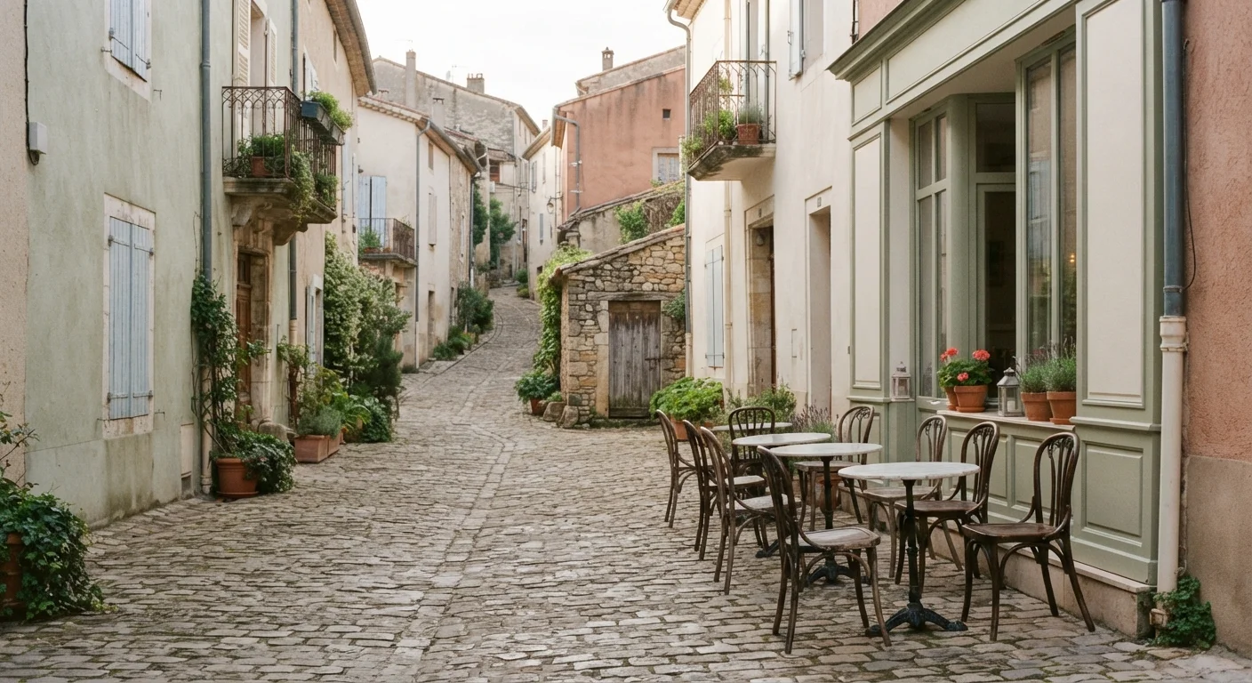 Cobbled hillside lane with tiled facades and empty café chairs