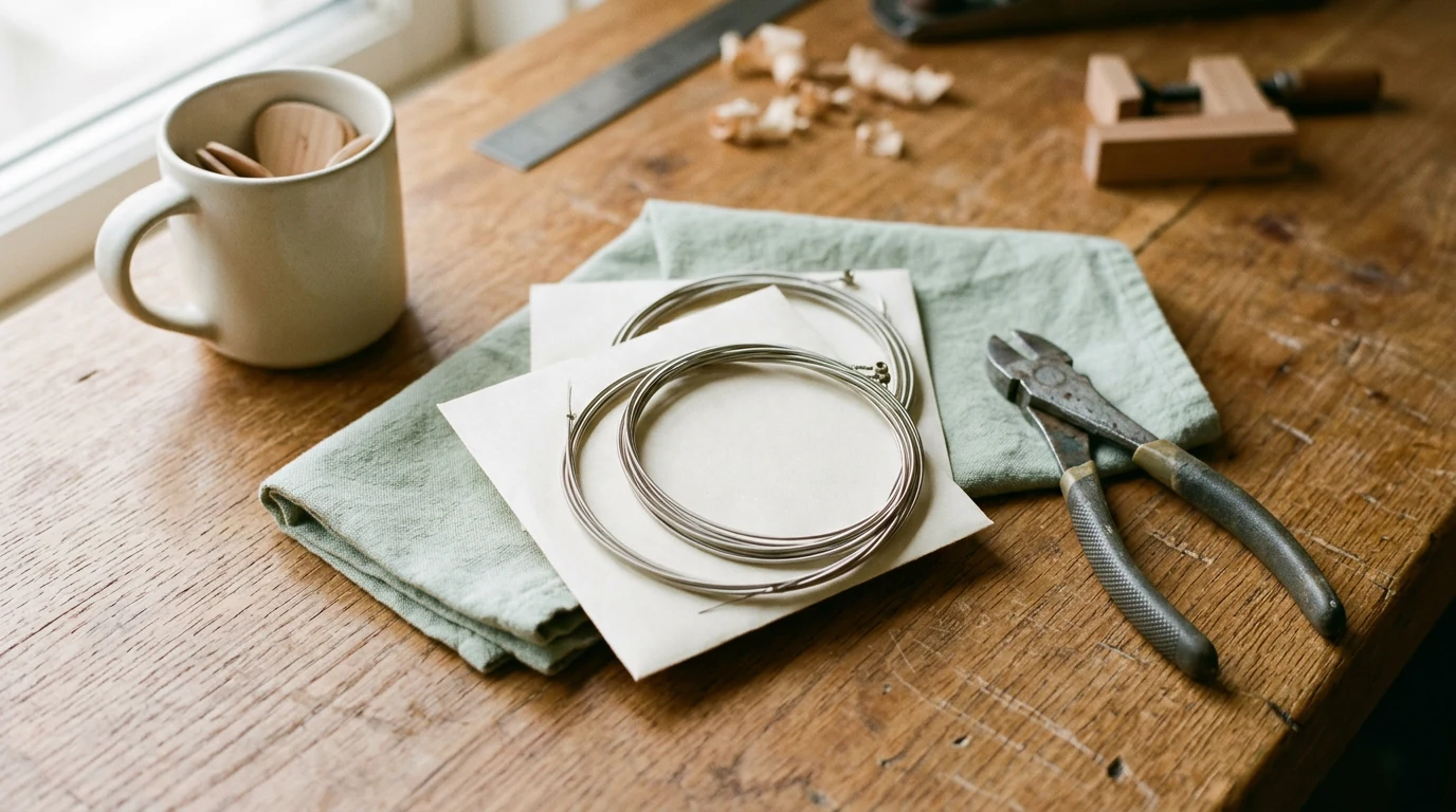 Coiled guitar strings and cloth on a workbench