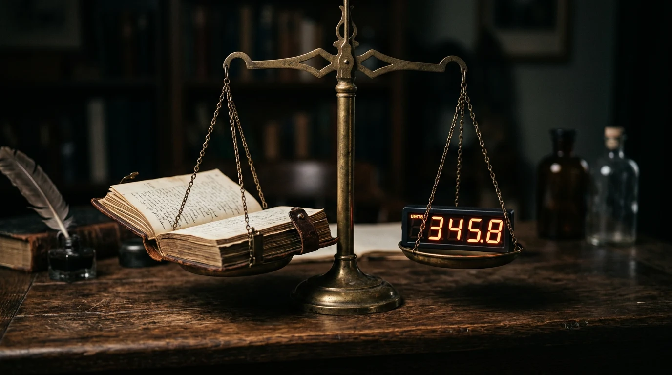 A courthouse-style ledger/rulebook on one side and a lit esports arena scoreboard on the other, connected by a single balanced scale, in the site's plain e.