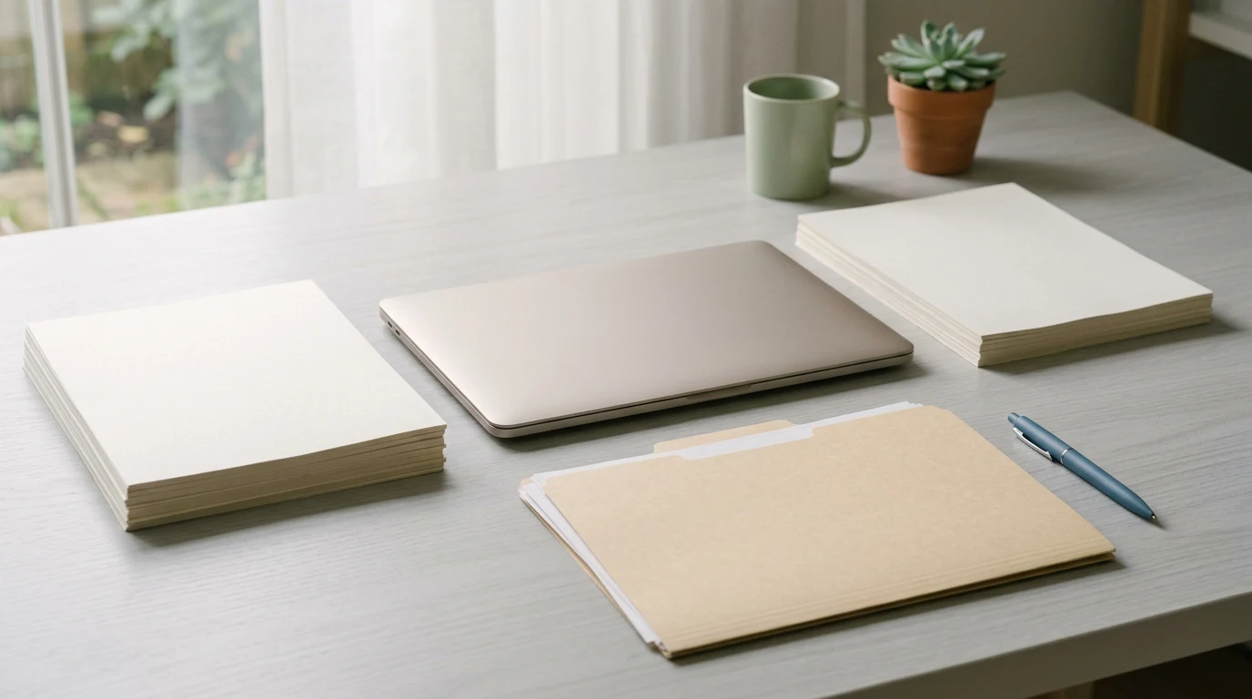 Closed laptop between paper forms on a gray desk