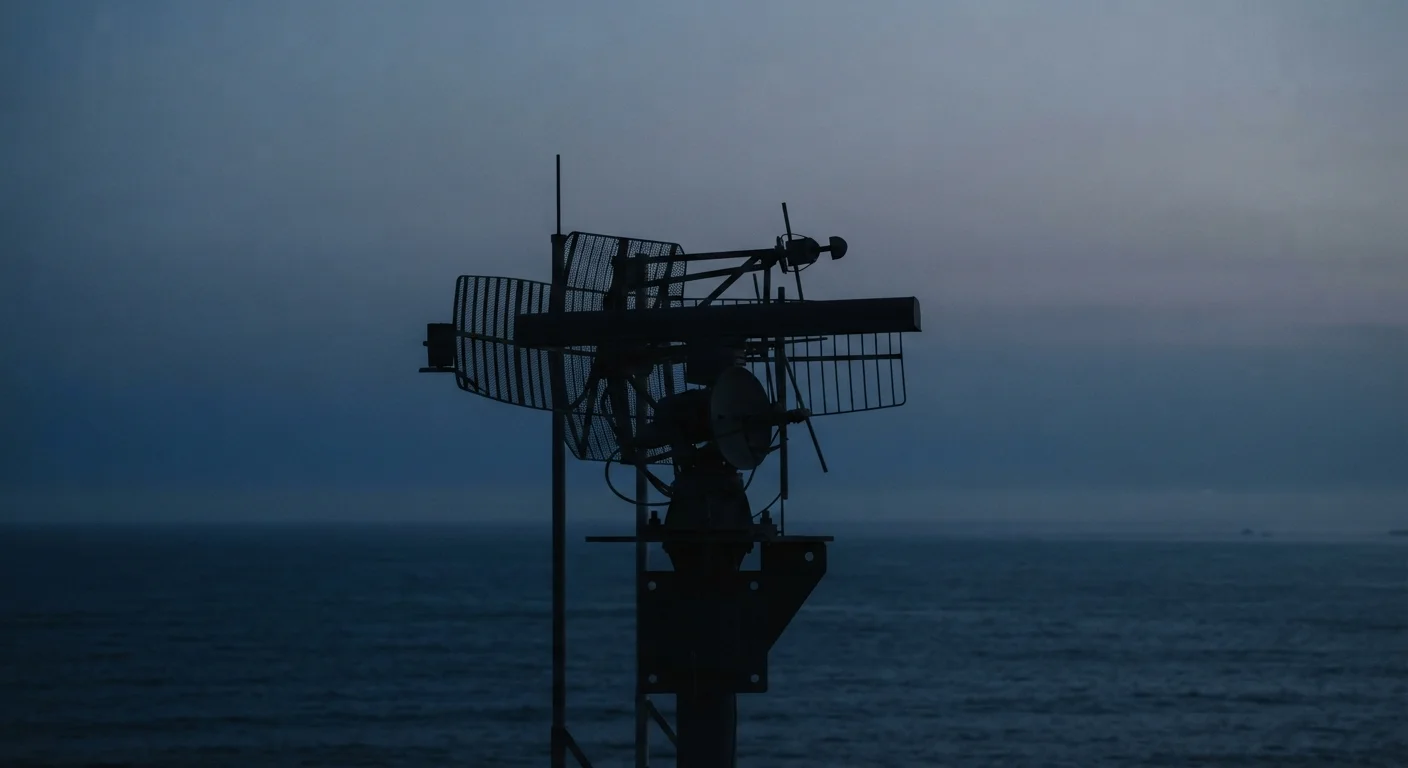 Silhouetted abstract antenna array against deep blue dusk sky over sea