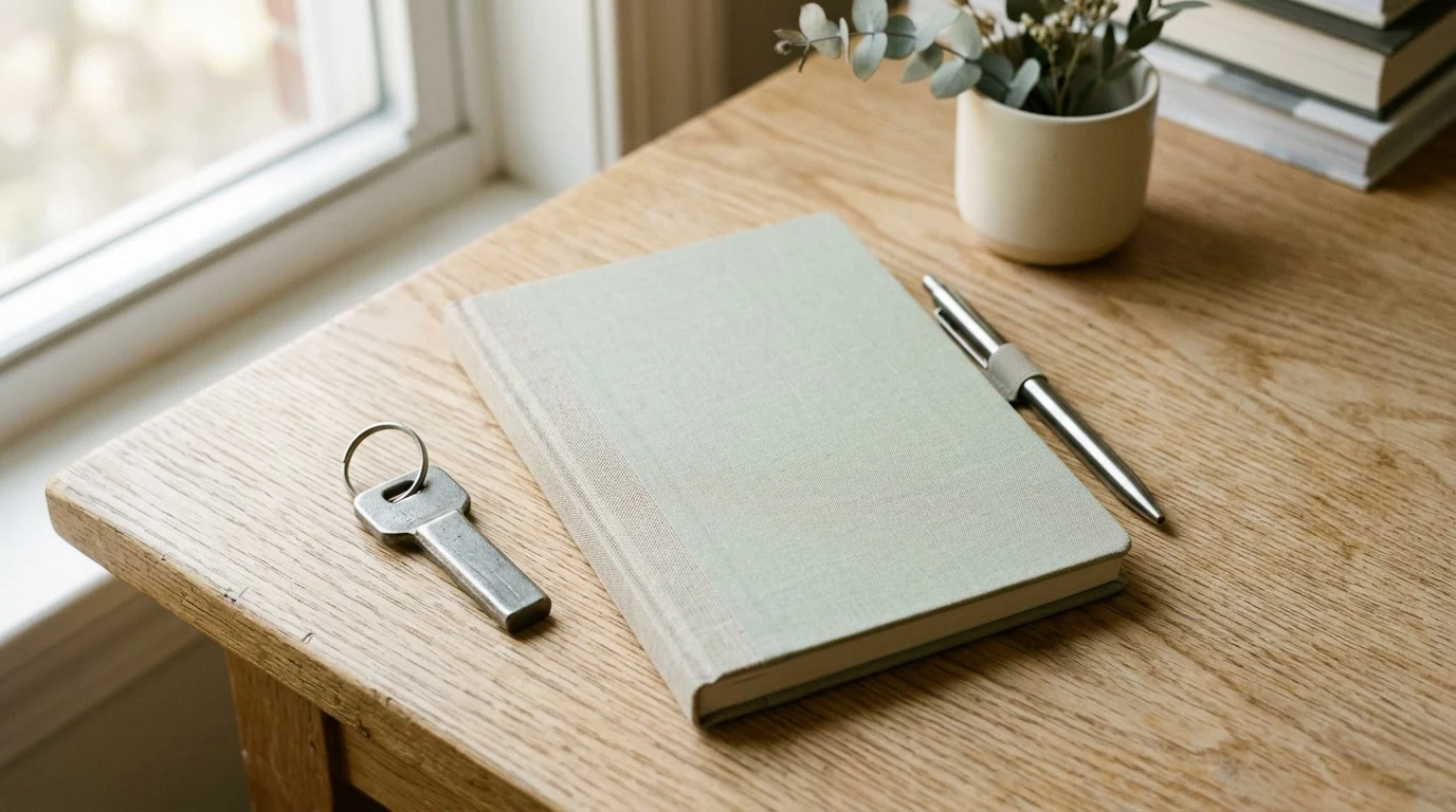 Handwritten word list in a paper notebook beside an unbranded hardware device on a desk