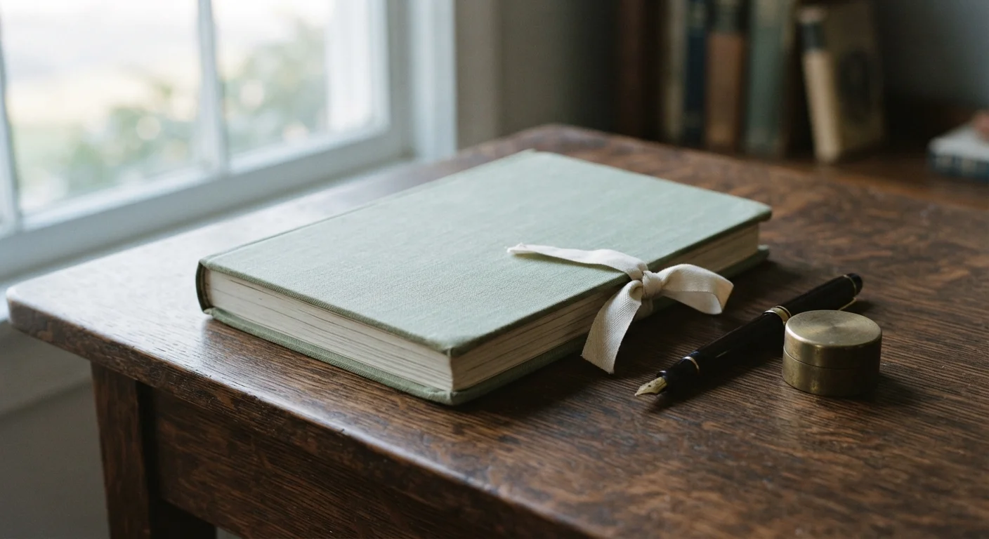 Bound regulatory ledger and fountain pen on wooden desk, cool light