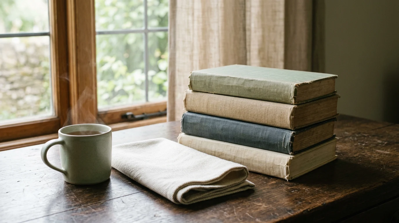 Worn hardcover novels stacked on a wooden desk