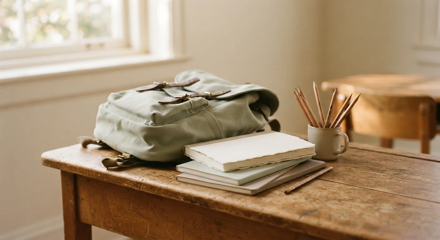 Notebooks, pencils, and backpack on worn wooden desk in morning light