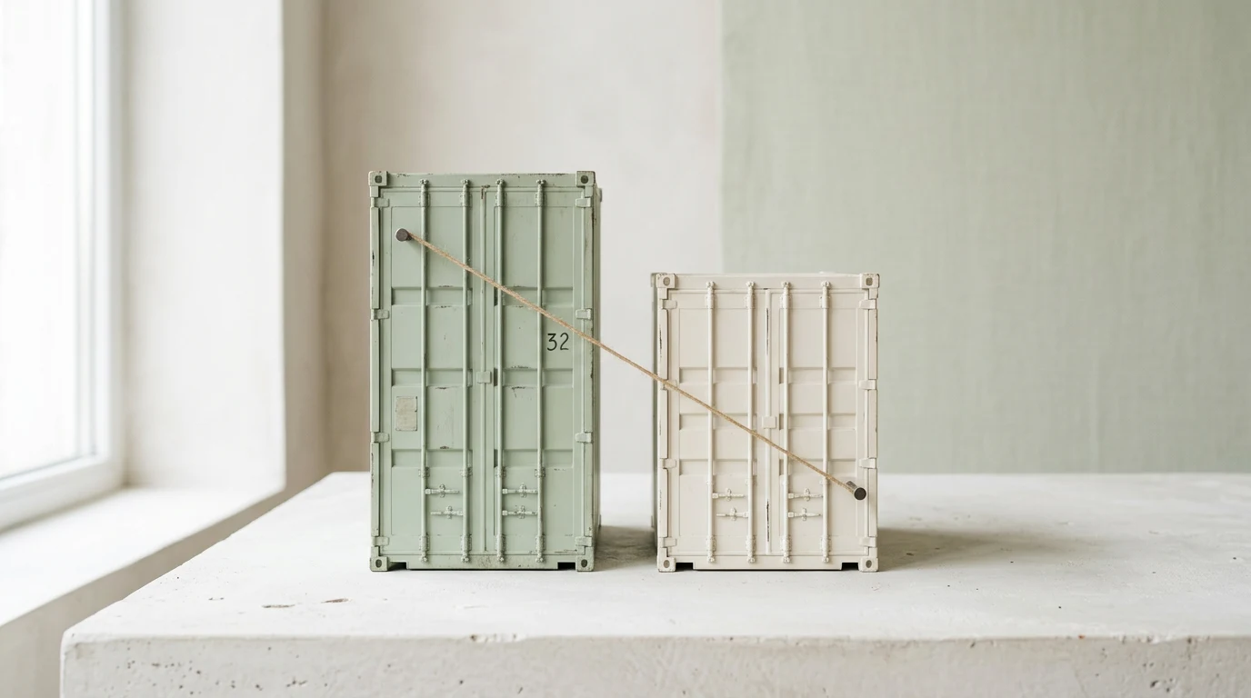 Two shipping containers and a down-trending string line