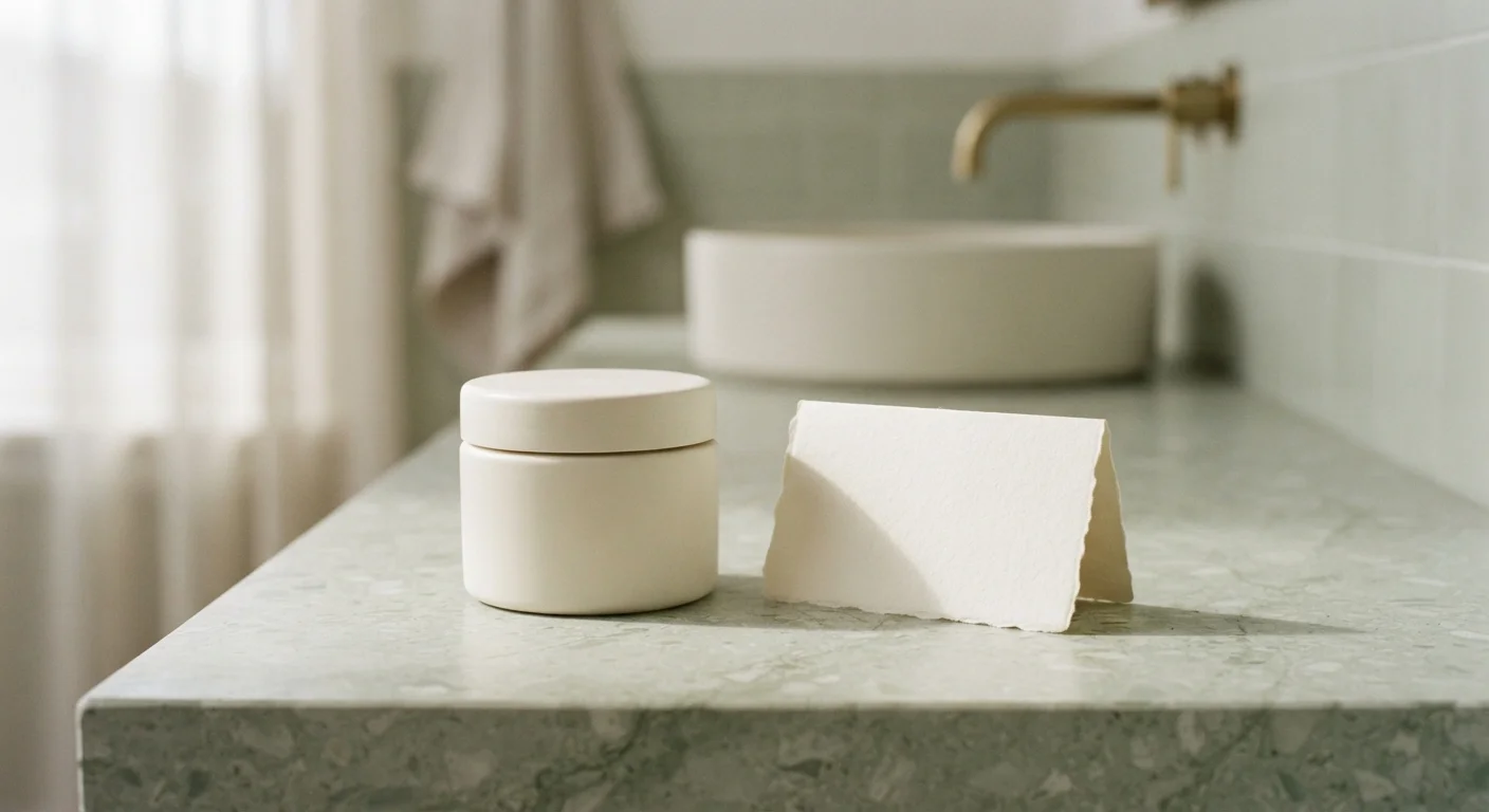 Unbranded cream jar and folded ingredient label on a counter