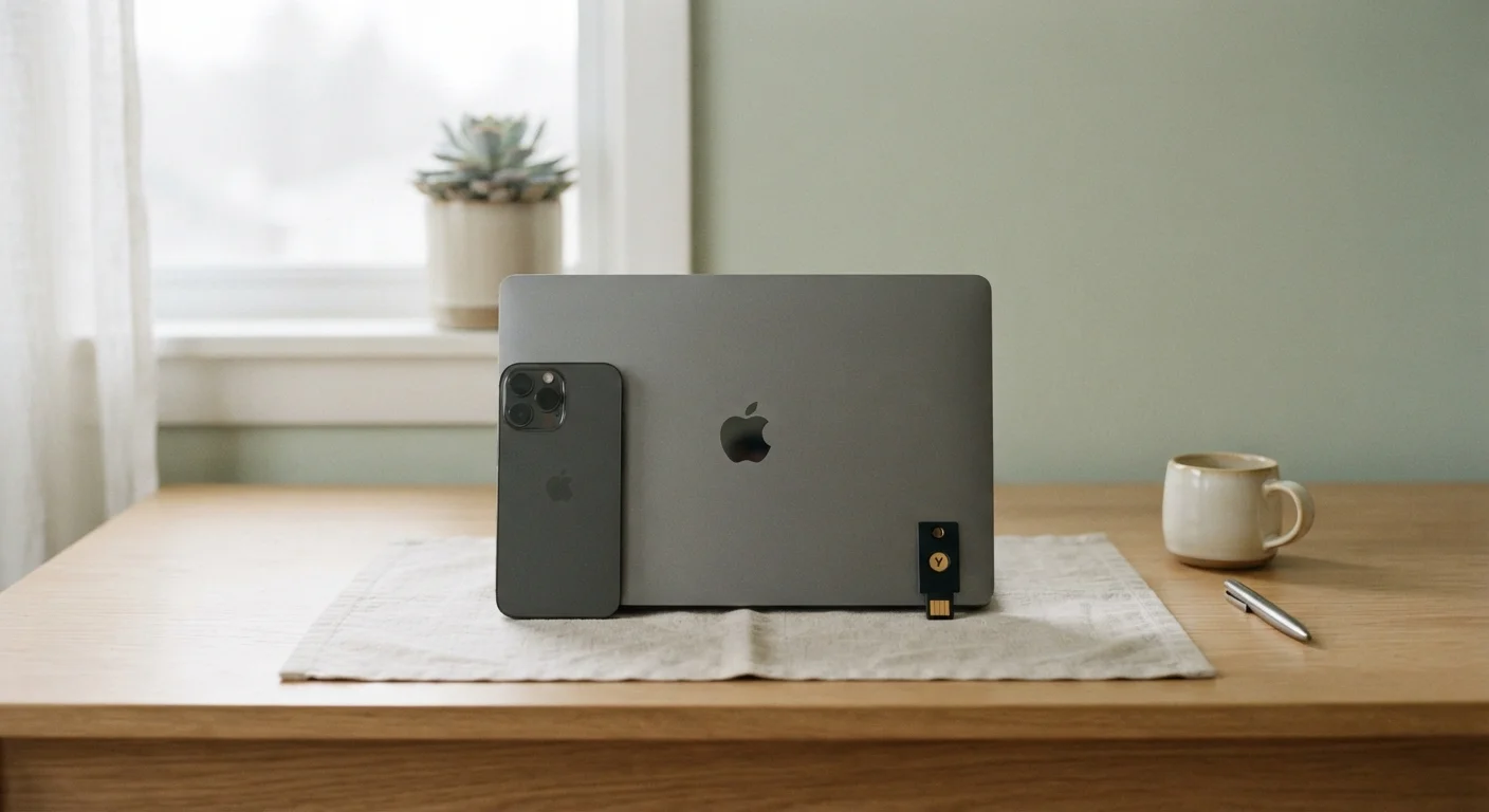 Laptop and smartphone beside a small hardware security key