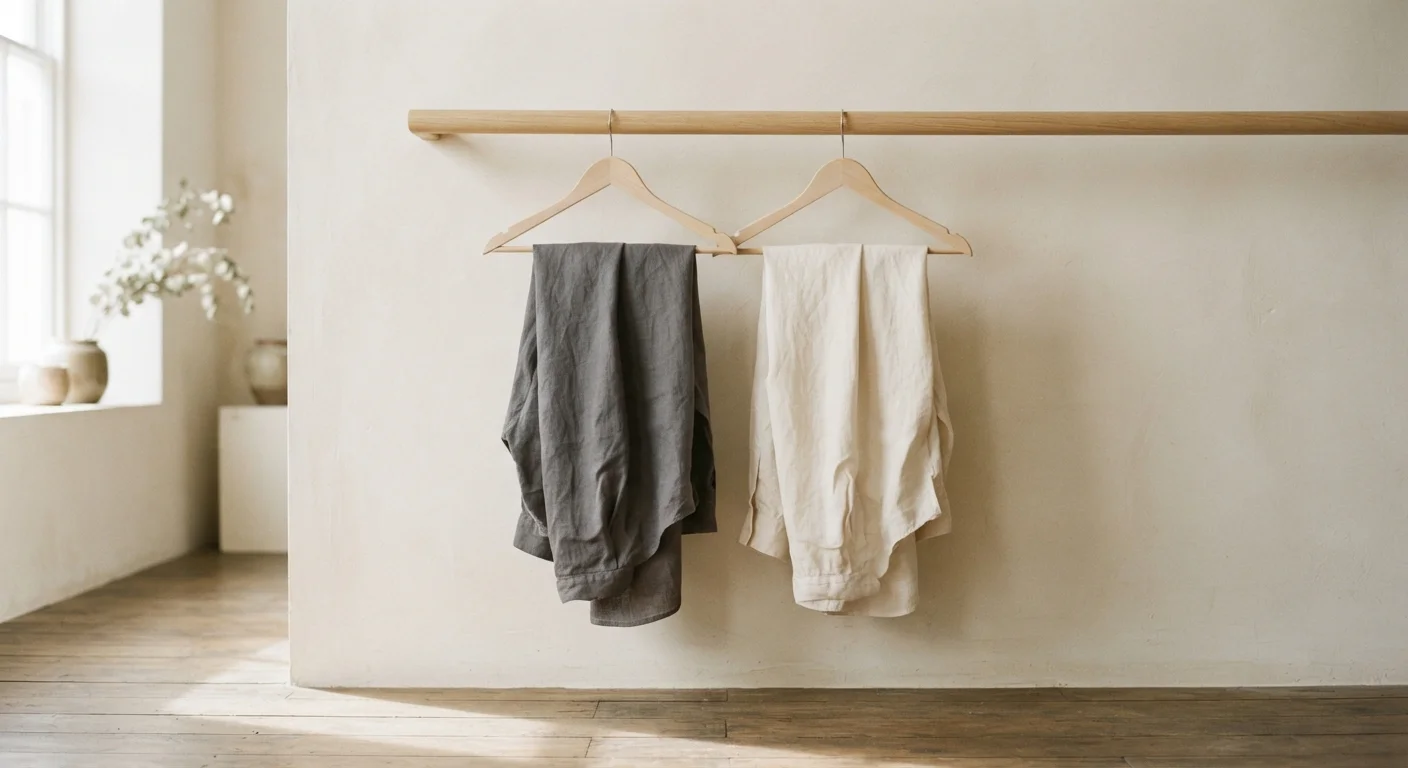Two folded garments in charcoal and ivory on a rail against a plain wall