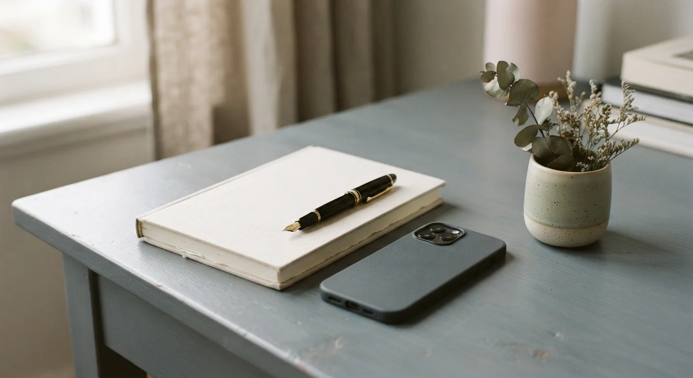 Notebook and phone face down on desk with morning light