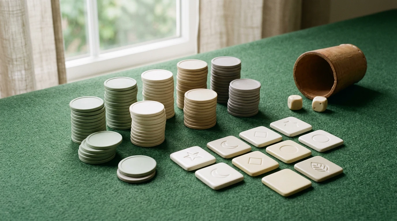 Plain chips and reel symbol tiles on green felt