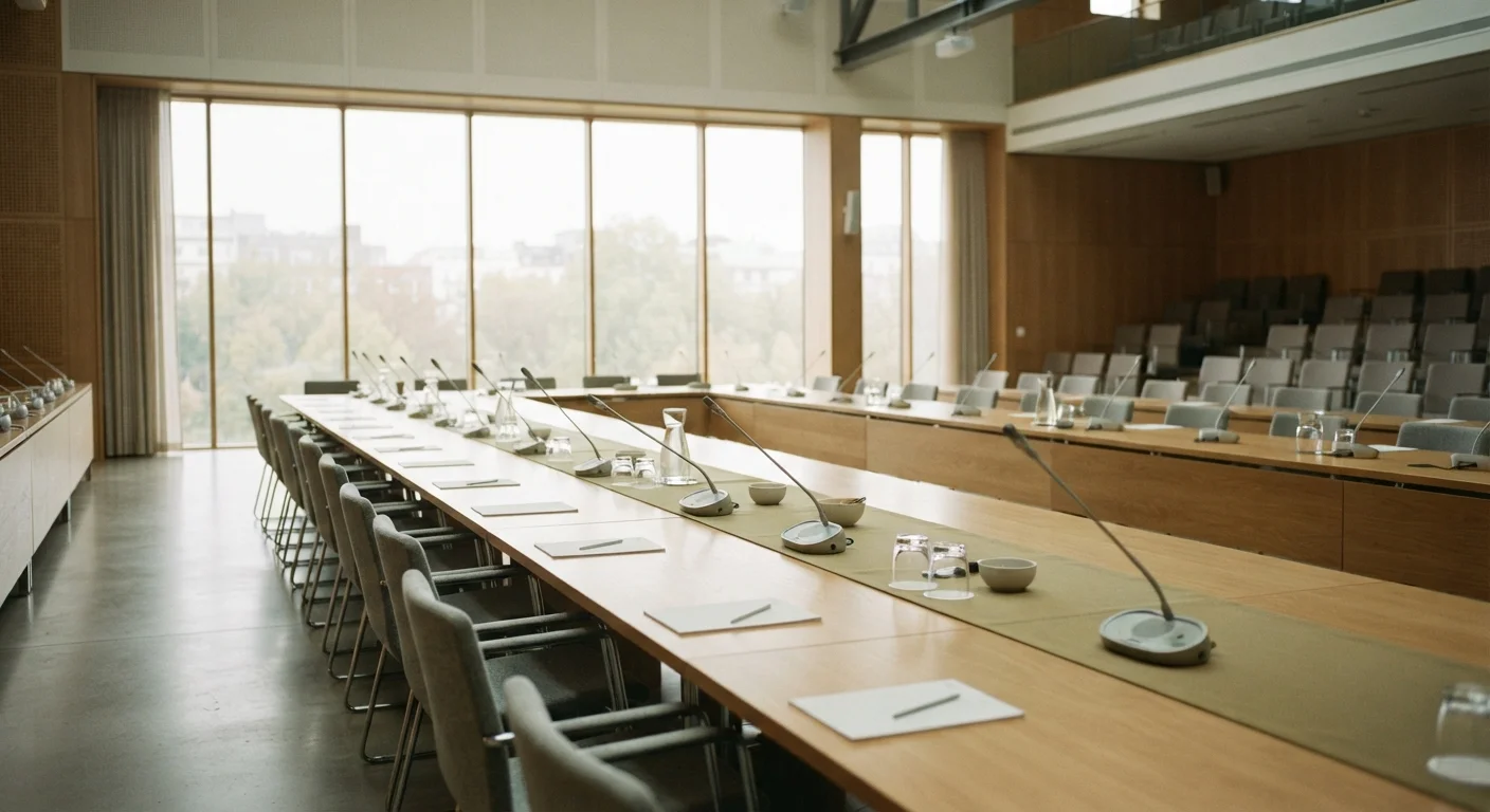 Empty conference hall with long table and unmarked microphones, cool light