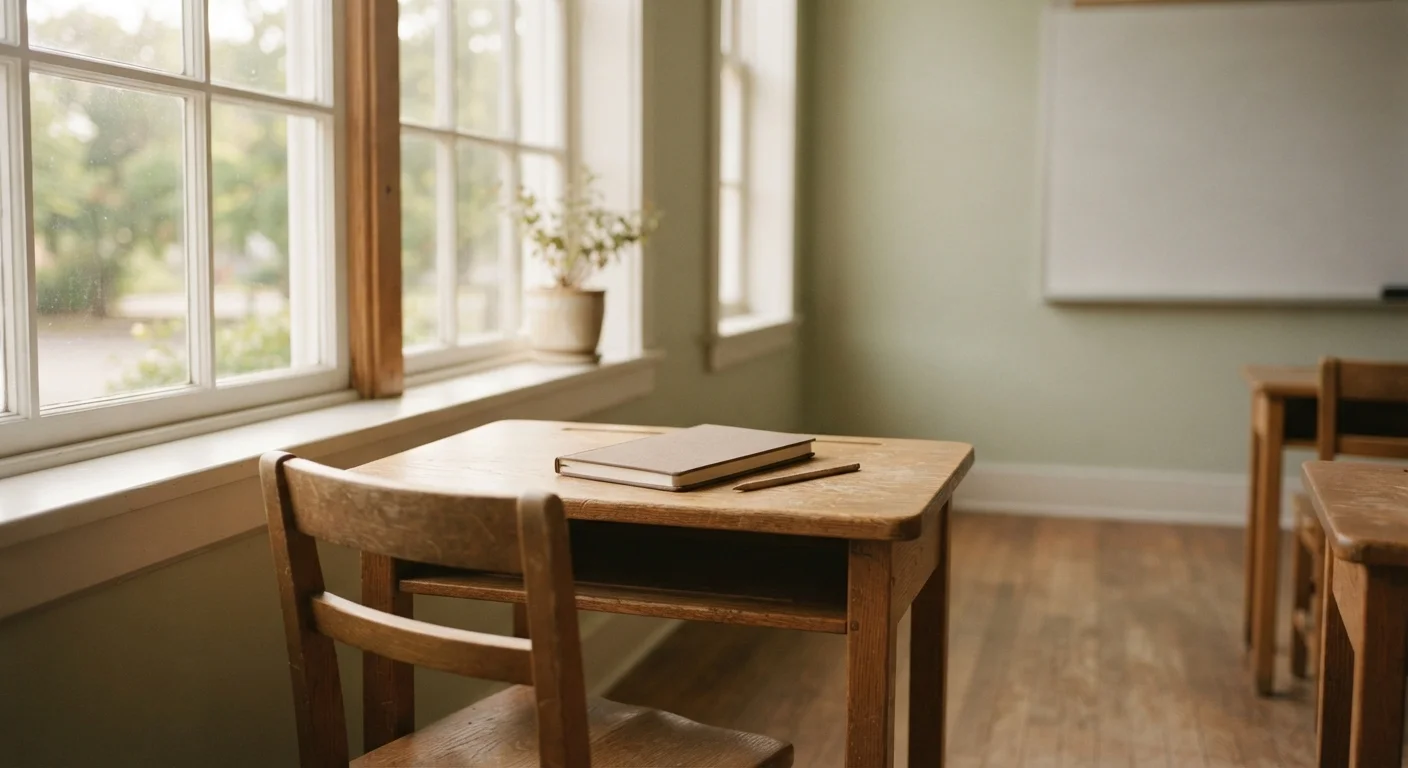 Empty classroom desk and chair beside window in soft light