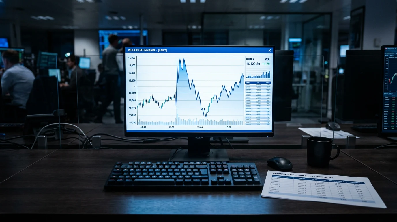 A line chart shaped like a steep V — a tall peak, a sharp drop, a partial climb back — rendered as a stylized cap-table ledger page, in the site's dry, data-forward visual.