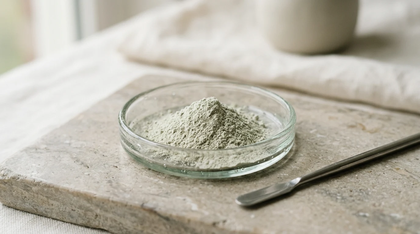 Fine mineral powder in a glass dish on stone