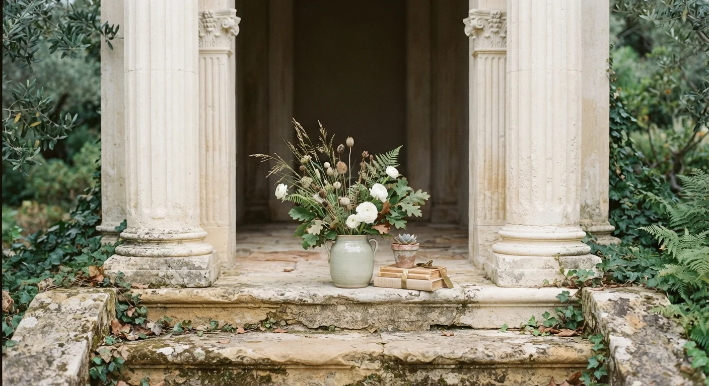 Neoclassical stone columns and steps in even daylight