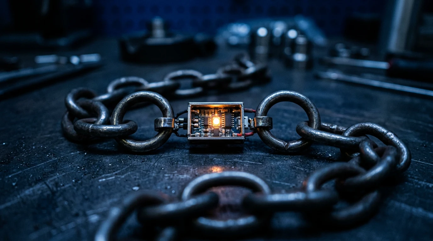 A glowing validator node anchored within a chain of linked blocks.