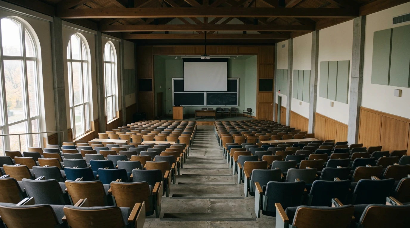 Empty college lecture hall in neutral daylight