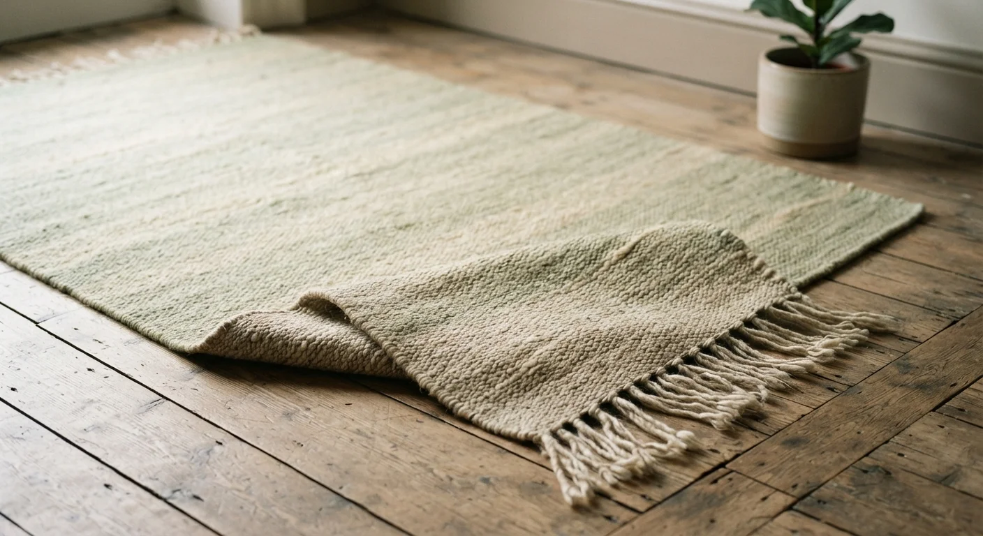 Folded rug corner showing its woven reverse side