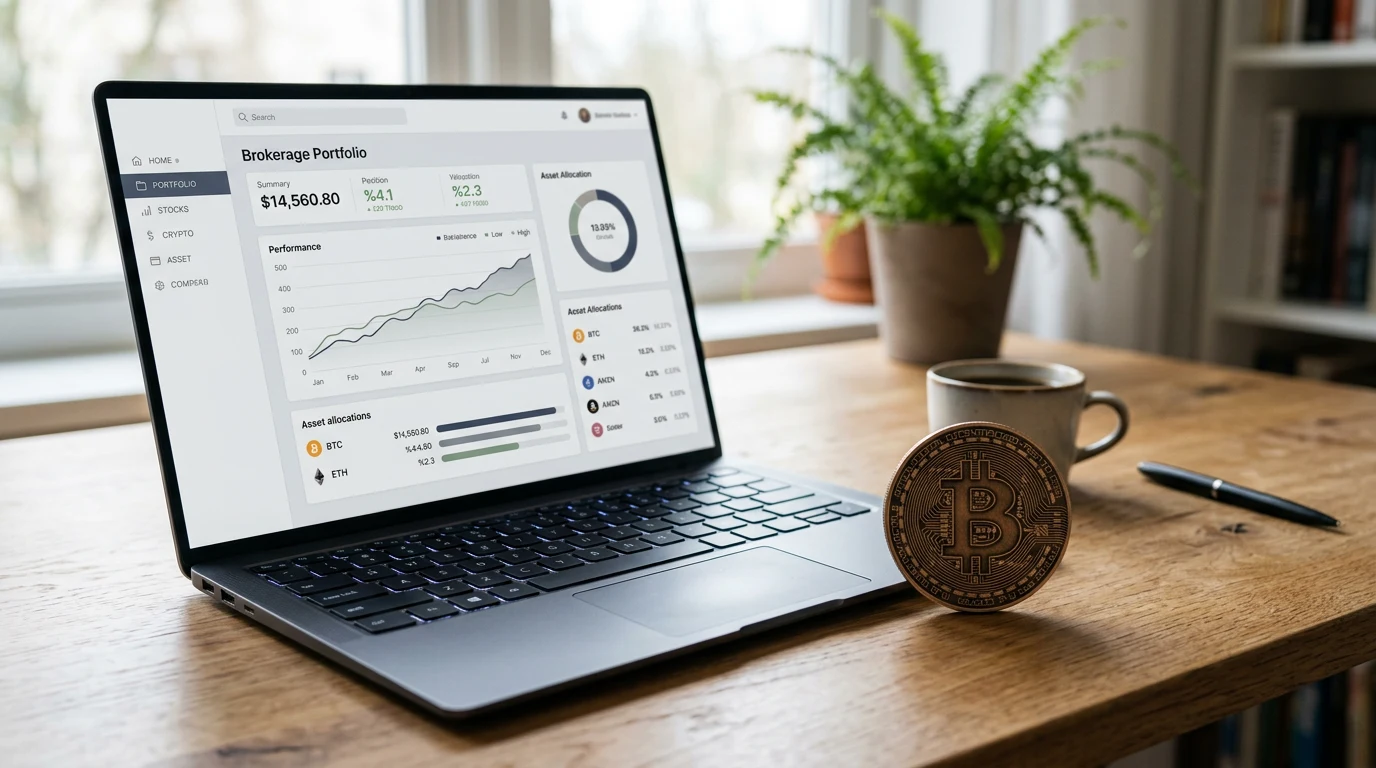 A stylized bitcoin coin sitting behind a simplified brokerage-app window on a screen, suggesting exposure without direct custody, in a calm, muted, non-hype financial.