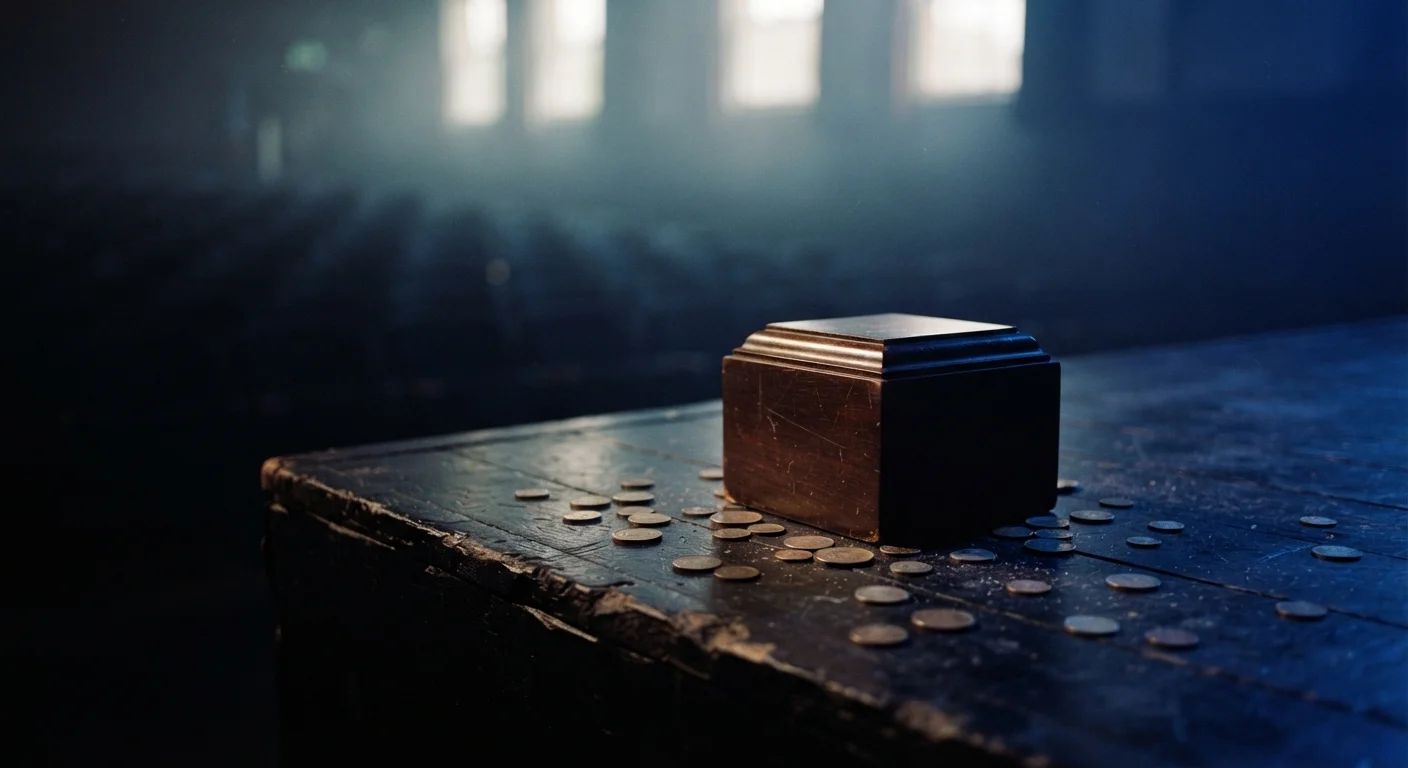 Trophy plinth and scattered coins under stage lights