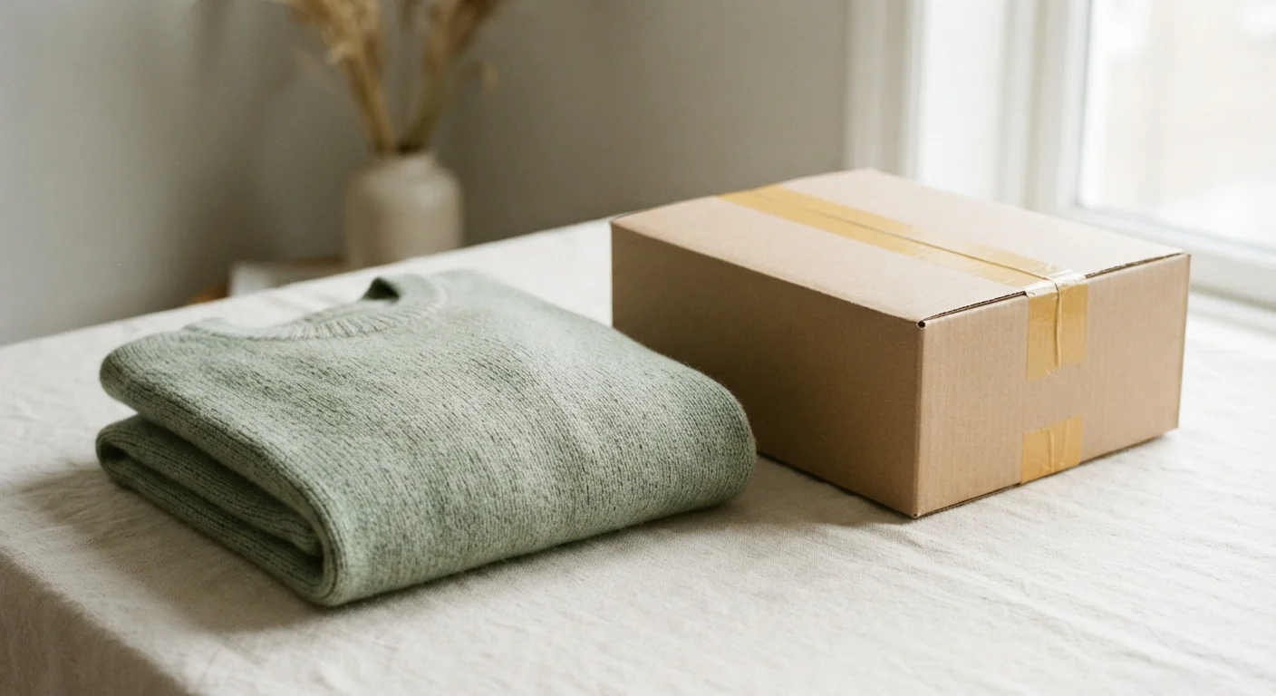 Folded garment beside a plain shipping box and tape