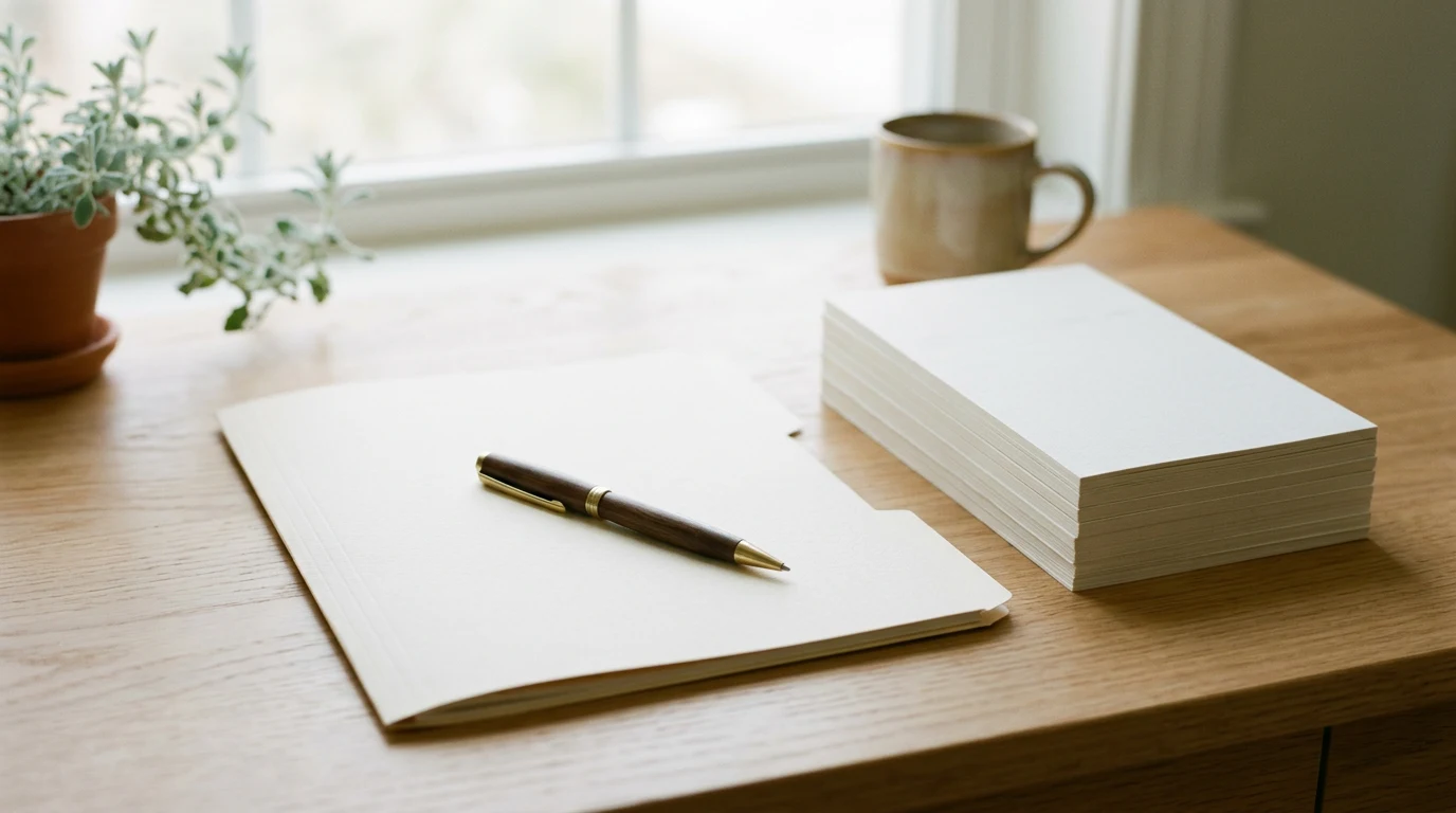 Closed folder and pen on a desk beside stacked invoices