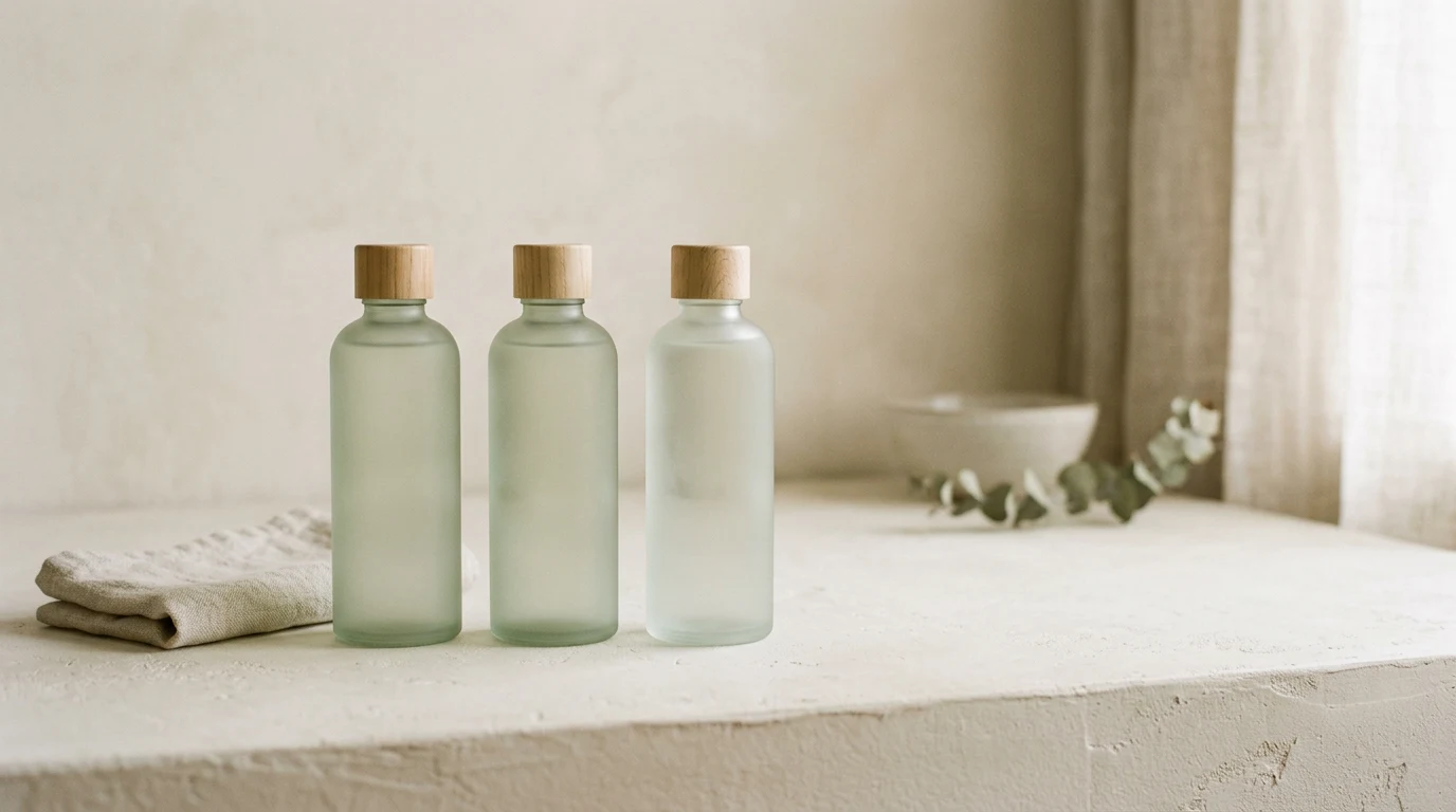 Skincare bottles in a row with one empty slot