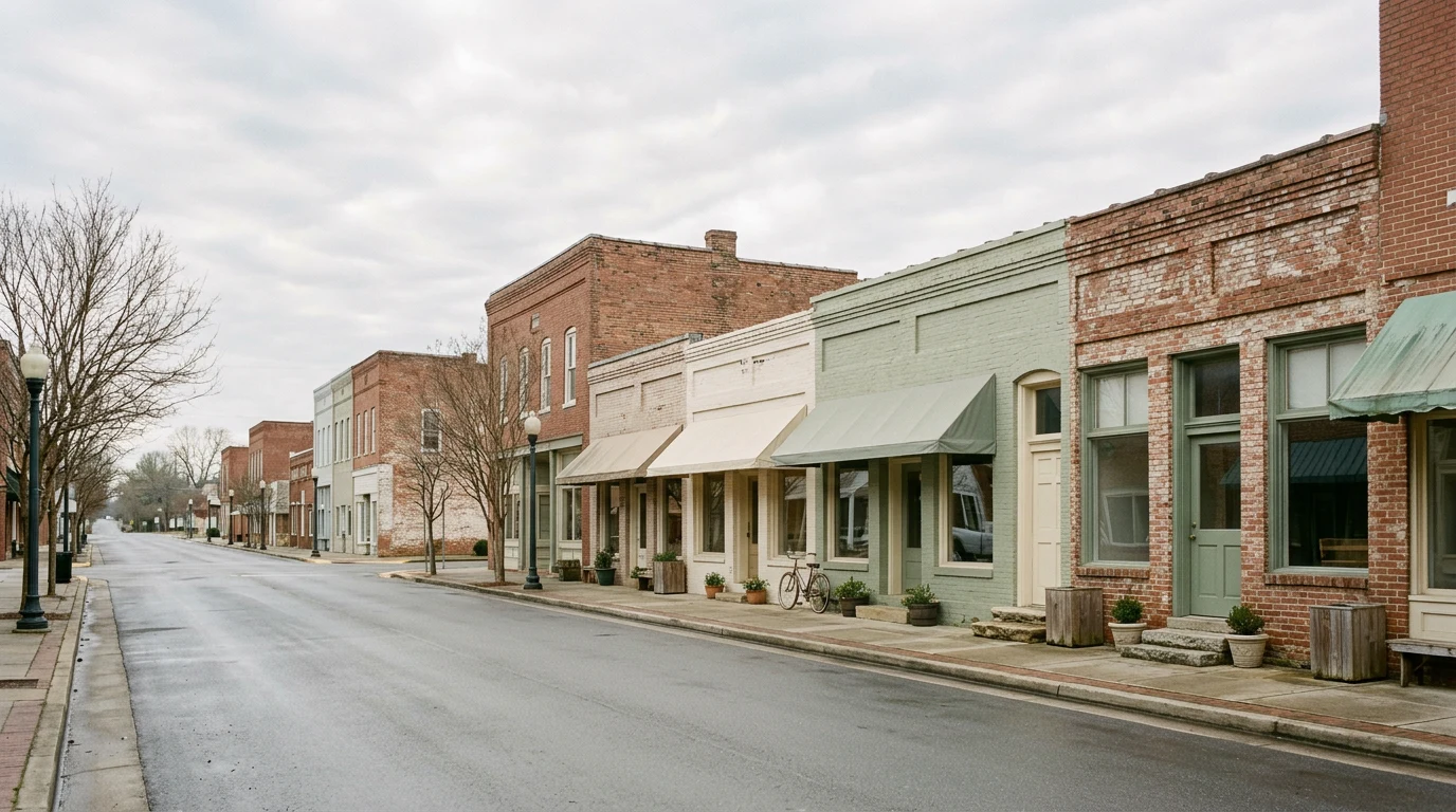 Small-town main street in overcast light, empty storefront awnings