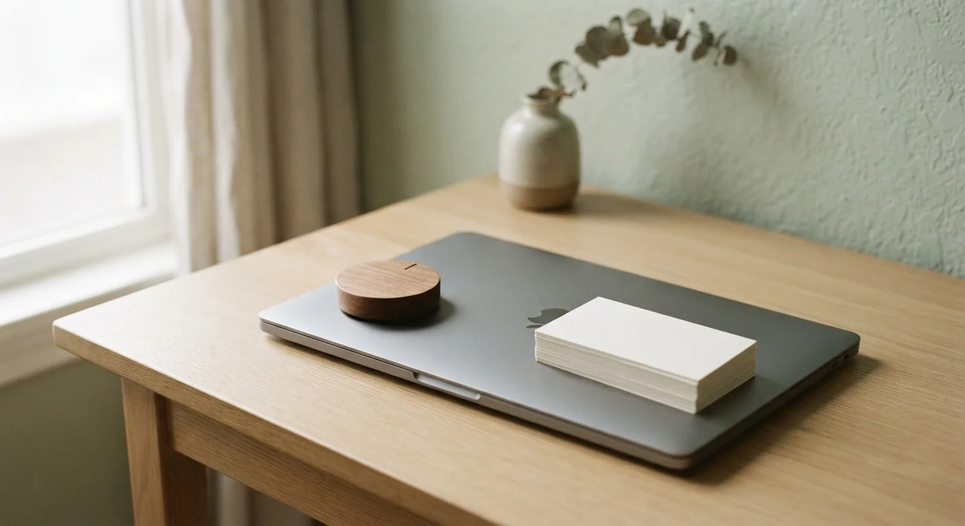 Simple desk with closed laptop and wooden dial object